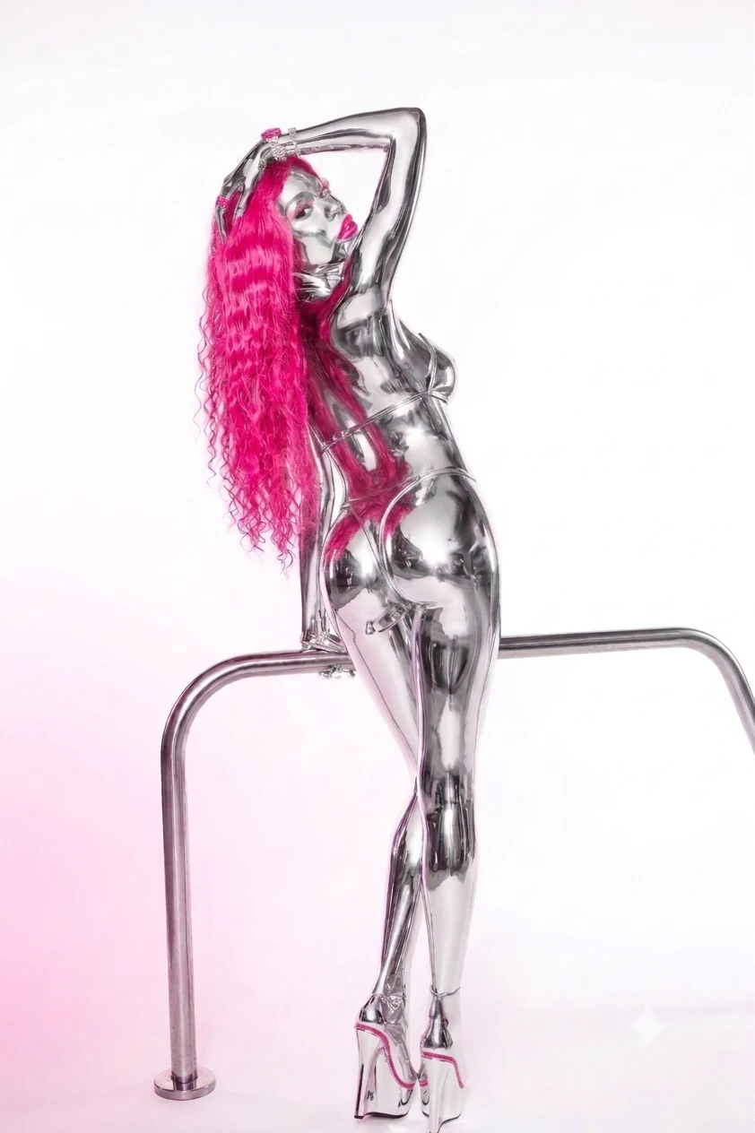 Futuristic chrome fashion character with long magenta hair and silver platform heels.