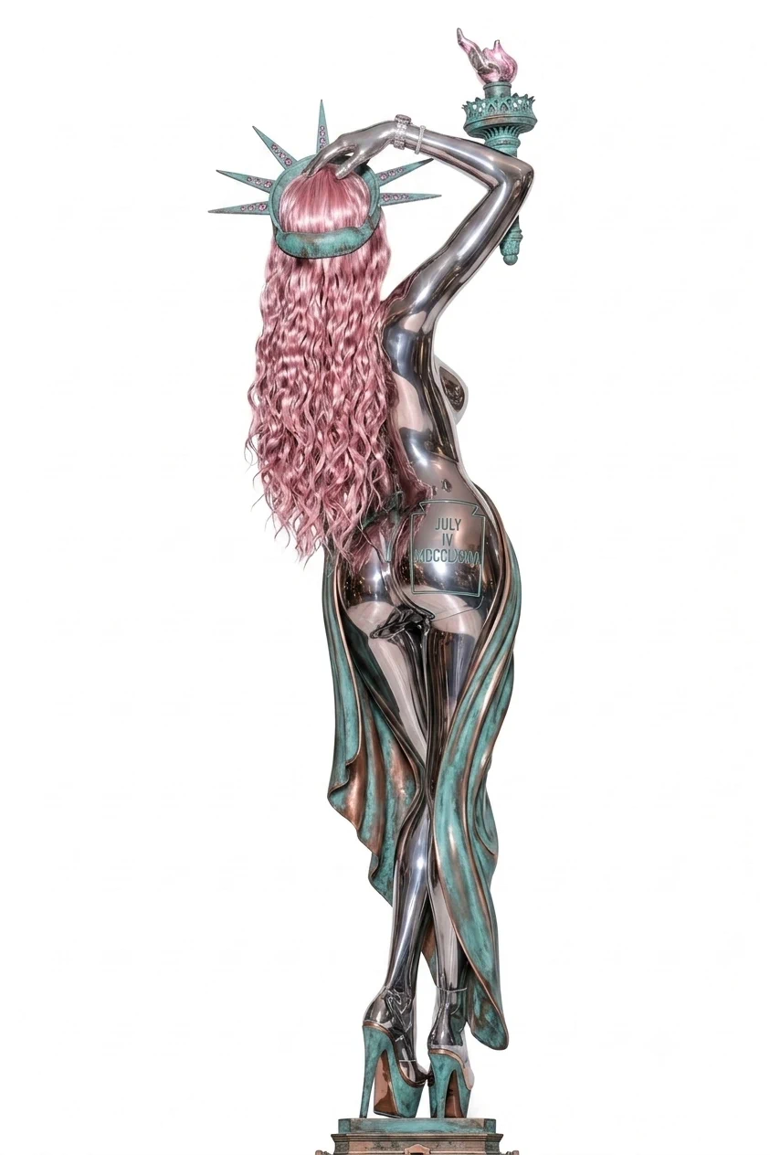 Back view of a chrome fashion character with pink hair, a Statue of Liberty crown, torch, and oxidized-copper drapery.