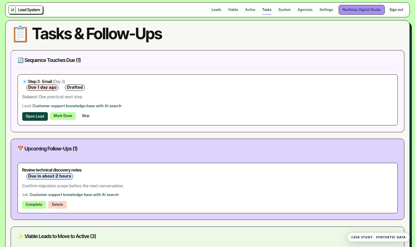 Synthetic tasks and follow-ups page